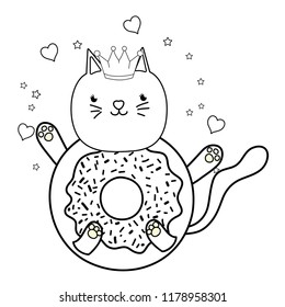 outline kawaii cute cat donut with hearts and stars