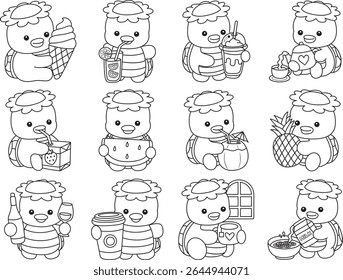 Contorno da mitologia japonesa kawaii Kappa adesivo bonito. Contorno de kappa na variação de fast food e sobremesa. 
Colorir páginas de bonito kappa mascote fantasma japonês.