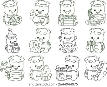 Contorno da mitologia japonesa kawaii Kappa adesivo bonito.
Colorir páginas de bonito kappa mascote fantasma japonês. Contorno de kappa na variação de alimentos e lanches.