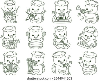 Outline of Kawaii japanese mythology Kappa sticker cute. Outline of kappa in the variation of instrument and music. 
Coloring pages of Cute kappa mascot ghost japanese.