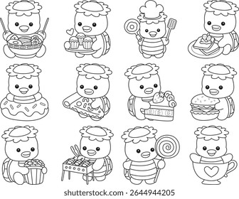Contorno da mitologia japonesa kawaii Kappa adesivo bonito. Contorno de kappa na variação de café da manhã e almoço.
Colorir páginas de bonito kappa mascote fantasma japonês.