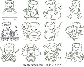 Outline of Kawaii japanese mythology Kappa sticker cute. Outline of kappa in the variation of transportation.
Coloring pages of Cute kappa mascot ghost japanese.