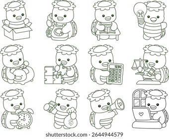 Contorno da mitologia japonesa kawaii Kappa adesivo bonito. Contorno de kappa na variação do dinheiro e rico. 
Colorir páginas de bonito kappa mascote fantasma japonês.