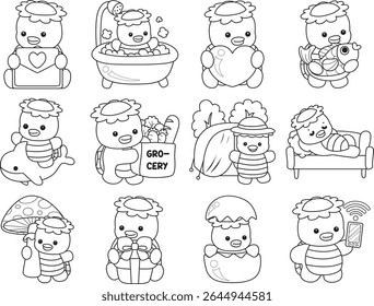 Outline of Kawaii japanese mythology Kappa sticker cute. Outline of kappa in the variation of daily life. 
Coloring pages of Cute kappa mascot ghost japanese.