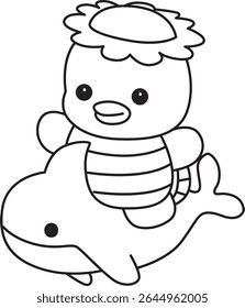 Contorno da mitologia japonesa kawaii Kappa adesivo bonito. Colorir páginas de bonito kappa mascote fantasma japonês.
contorno de Kappa montando um tubarão