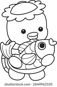 Outline of Kawaii japanese mythology Kappa sticker cute. Coloring pages of Cute kappa mascot ghost japanese.
outline of Kappa bring a gold fish