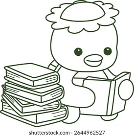 Contorno da mitologia japonesa kawaii Kappa adesivo bonito. Colorir páginas de bonito kappa mascote fantasma japonês.
esboço de Kappa lendo um livro