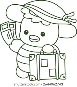 Contorno da mitologia japonesa kawaii Kappa adesivo bonito. Colorir páginas de bonito kappa mascote fantasma japonês.
esboço de Kappa trazer um saco de viagem
