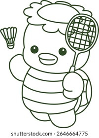Contorno da mitologia japonesa kawaii Kappa adesivo bonito. Colorir páginas de bonito kappa mascote fantasma japonês.
contorno de Kappa jogando badminton