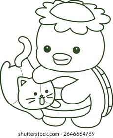 Contorno da mitologia japonesa kawaii Kappa adesivo bonito. Colorir páginas de bonito kappa mascote fantasma japonês.
esboço de Kappa brincando com gatinho