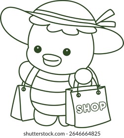 Contorno da mitologia japonesa kawaii Kappa adesivo bonito. Colorir páginas de bonito kappa mascote fantasma japonês.
esboço de Kappa trazer uma sacola de compras