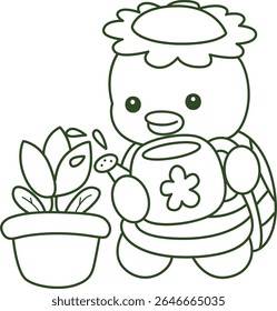 Contorno da mitologia japonesa kawaii Kappa adesivo bonito. Colorir páginas de bonito kappa mascote fantasma japonês.
esboço de Kappa regando uma plantas