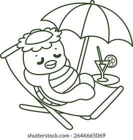 Contorno da mitologia japonesa kawaii Kappa adesivo bonito. Colorir páginas de bonito kappa mascote fantasma japonês.
contorno de Kappa deitado na praia
