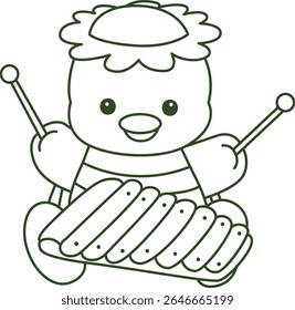 Contorno da mitologia japonesa kawaii Kappa adesivo bonito. Colorir páginas de bonito kappa mascote fantasma japonês.
contorno de Kappa jogando um xilofone