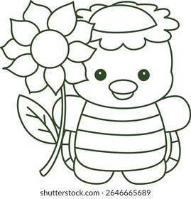Contorno da mitologia japonesa kawaii Kappa adesivo bonito. Colorir páginas de bonito kappa mascote fantasma japonês.
contorno de Kappa trazer uma flor de sol