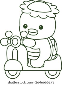 Contorno da mitologia japonesa kawaii Kappa adesivo bonito. Colorir páginas de bonito kappa mascote fantasma japonês.
contorno de Kappa montando uma scooter