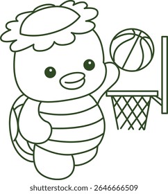 Contorno da mitologia japonesa kawaii Kappa adesivo bonito. Colorir páginas de bonito kappa mascote fantasma japonês.
contorno de Kappa jogando uma bola de basquete