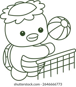 Contorno da mitologia japonesa kawaii Kappa adesivo bonito. Colorir páginas de bonito kappa mascote fantasma japonês.
contorno de Kappa jogando uma bola de voleio