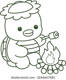 Contorno da mitologia japonesa kawaii Kappa adesivo bonito. Colorir páginas de bonito kappa mascote fantasma japonês.
esboço de Kappa assando um marshmallow