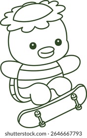 Contorno da mitologia japonesa kawaii Kappa adesivo bonito. Colorir páginas de bonito kappa mascote fantasma japonês.
contorno de Kappa jogando um skate