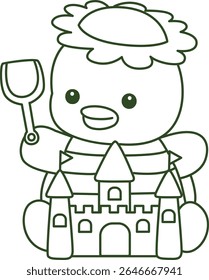 Contorno da mitologia japonesa kawaii Kappa adesivo bonito. Colorir páginas de bonito kappa mascote fantasma japonês.
Kappa jogando um castelo de areia