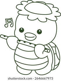 Contorno da mitologia japonesa kawaii Kappa adesivo bonito. Colorir páginas de bonito kappa mascote fantasma japonês.
contorno de Kappa tocando uma flauta