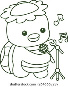 Contorno da mitologia japonesa kawaii Kappa adesivo bonito. Colorir páginas de bonito kappa mascote fantasma japonês.
esboço de Kappa cantar uma música com microfone