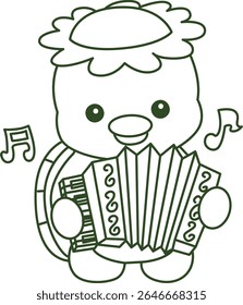Contorno da mitologia japonesa kawaii Kappa adesivo bonito. Colorir páginas de bonito kappa mascote fantasma japonês.
esboço de Kappa tocando um acordeão