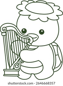 Contorno da mitologia japonesa kawaii Kappa adesivo bonito. Colorir páginas de bonito kappa mascote fantasma japonês.
esboço de Kappa tocando uma harpa