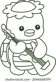 Contorno da mitologia japonesa kawaii Kappa adesivo bonito. Colorir páginas de bonito kappa mascote fantasma japonês.
esboço de Kappa tocando uma guitarra elétrica 