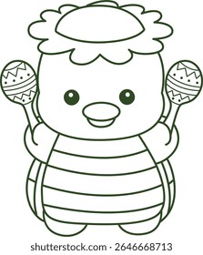 Contorno da mitologia japonesa kawaii Kappa adesivo bonito. Colorir páginas de bonito kappa mascote fantasma japonês.
esboço de Kappa jogando maracas