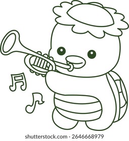 Contorno da mitologia japonesa kawaii Kappa adesivo bonito. Colorir páginas de bonito kappa mascote fantasma japonês.
contorno de Kappa tocando um trompete