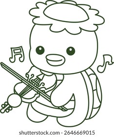 Contorno da mitologia japonesa kawaii Kappa adesivo bonito. Colorir páginas de bonito kappa mascote fantasma japonês.
esboço de Kappa tocando violino