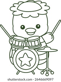 Contorno da mitologia japonesa kawaii Kappa adesivo bonito. Colorir páginas de bonito kappa mascote fantasma japonês.
contorno de Kappa tocando um tambor