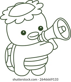 Contorno da mitologia japonesa kawaii Kappa adesivo bonito. Colorir páginas de bonito kappa mascote fantasma japonês.
esboço de Kappa sondagem com megafone