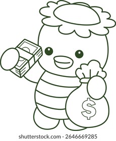 Contorno da mitologia japonesa kawaii Kappa adesivo bonito. Colorir páginas de bonito kappa mascote fantasma japonês.
contorno de Kappa trazer um monte de dólar