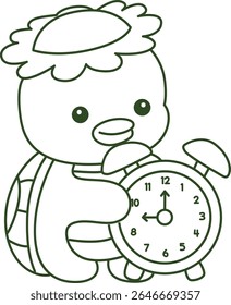 Contorno da mitologia japonesa kawaii Kappa adesivo bonito. Colorir páginas de bonito kappa mascote fantasma japonês.
contorno de Kappa trazer um despertador