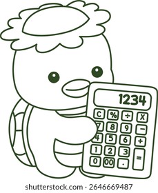 Contorno da mitologia japonesa kawaii Kappa adesivo bonito. Colorir páginas de bonito kappa mascote fantasma japonês.
esboço de Kappa trazer uma calculadora