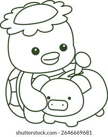 Contorno da mitologia japonesa kawaii Kappa adesivo bonito. Colorir páginas de bonito kappa mascote fantasma japonês.
esboço do dinheiro de poupança Kappa no Piggy bank