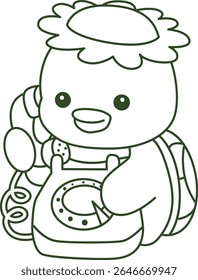 Contorno da mitologia japonesa kawaii Kappa adesivo bonito. Colorir páginas de bonito kappa mascote fantasma japonês.
esboço de Kappa chamando alguém no telefone