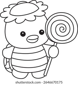 Contorno da mitologia japonesa kawaii Kappa adesivo bonito. Colorir páginas de bonito kappa mascote fantasma japonês.
contorno de Kappa trazer um pirulito