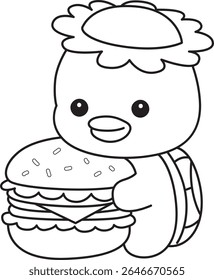 Contorno da mitologia japonesa kawaii Kappa adesivo bonito. Colorir páginas de bonito kappa mascote fantasma japonês.
esboço de Kappa trazer um grande hambúrguer 