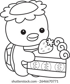 Contorno da mitologia japonesa kawaii Kappa adesivo bonito. Colorir páginas de bonito kappa mascote fantasma japonês.
esboço de Kappa trazer um bolo de morango