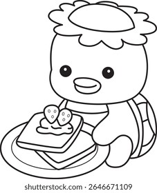 Contorno da mitologia japonesa kawaii Kappa adesivo bonito. Colorir páginas de bonito kappa mascote fantasma japonês.
esboço de Kappa trazer um pão de morango