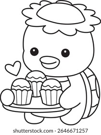 Contorno da mitologia japonesa kawaii Kappa adesivo bonito. Colorir páginas de bonito kappa mascote fantasma japonês.
esboço de Kappa trazer três de cupcakes