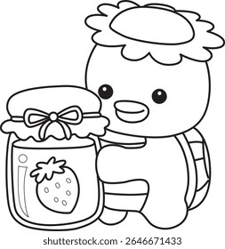 Contorno da mitologia japonesa kawaii Kappa adesivo bonito. Colorir páginas de bonito kappa mascote fantasma japonês.
contorno de Kappa trazer um engarrafamento de morango