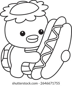 Contorno da mitologia japonesa kawaii Kappa adesivo bonito. Colorir páginas de bonito kappa mascote fantasma japonês.
esboço de Kappa trazer um cachorro-quente