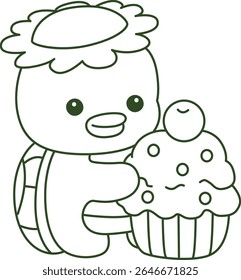 Contorno da mitologia japonesa kawaii Kappa adesivo bonito. Colorir páginas de bonito kappa mascote fantasma japonês.
esboço de Kappa trazer um cupcakes 