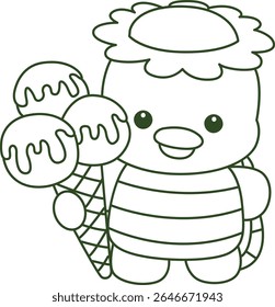 Contorno da mitologia japonesa kawaii Kappa adesivo bonito. Colorir páginas de bonito kappa mascote fantasma japonês.
esboço de Kappa trazer um três colher de sorvete