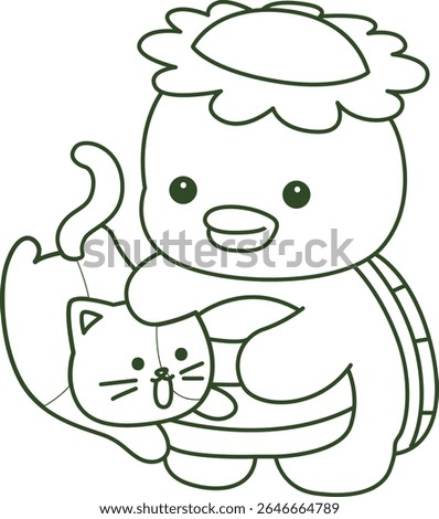 Outline of Kawaii japanese mythology Kappa sticker cute. Coloring pages of Cute kappa mascot ghost japanese.
outline of Kappa playing with kitten